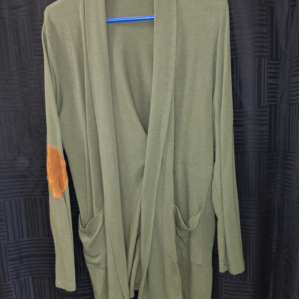 Olive Green Open-Front Cardigan with Tan Elbow Patch